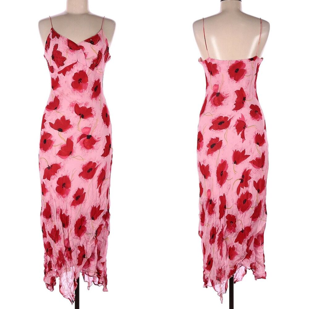 Vintage 90s y2k SND Slip Dress Floral Midi Beaded Fairycore Prom Pink Size 7